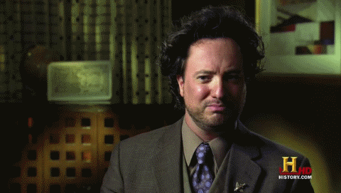 UFOlogist Giorgio A. Tsoukalos of the History Channel Show Ancient Aliens, a white man with poofy hair, asks "is such a thing even possible?" and answers "yes it is"
